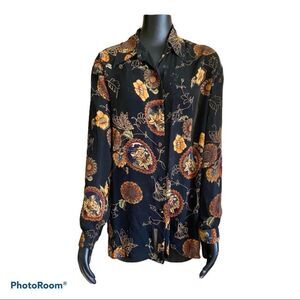 FULLY FASHION black floral 100% silk blouse M